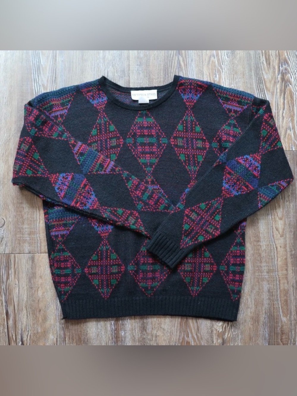Vintage Black Preppy Argyle Knit Sweater Womens Petite PL Made in USA